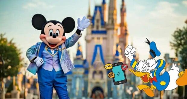 Mickey Mouse waves cheerfully in front of Cinderella Castle, while Donald Duck frustratedly shakes his phone displaying Disney World Reservations error messages.