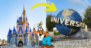 Pluto stands in front of Cinderella Castle at Walt Disney World, with an arrow pointing toward the Universal Studios globe, playfully nodding to the friendly attendance rivalry between Disney and Universal on a sunny day.