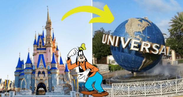 Pluto stands in front of Cinderella Castle at Walt Disney World, with an arrow pointing toward the Universal Studios globe, playfully nodding to the friendly attendance rivalry between Disney and Universal on a sunny day.