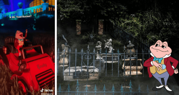 Mr. Toad drives his signature red car on the left side of the scene; on the right, Mr. Toad poses next to blue Haunted Mansion graves and statues, holding his famous Mr. Toad popcorn bucket.