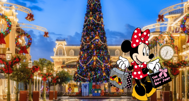Minnie Mouse uses her annual passholder discount while browsing holiday shops beside a grand Christmas tree in a cheerfully decorated Disney park town square.