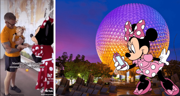 A joyful moment at Epcot as a guest holding a toddler meets Minnie Mouse, who is presenting a pink cake with the iconic Spaceship Earth and Minnie Mouse artwork in the background.