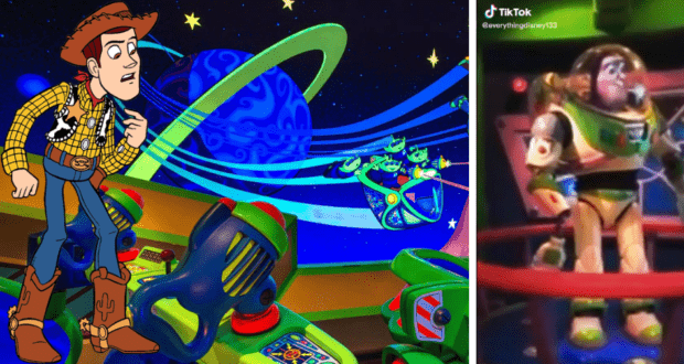Woody and Buzz Lightyear from Toy Story greet guests inside the vibrant, intergalactic setting of the Buzz Lightyear ride at a Disney park, ready to embark on an exciting space adventure.