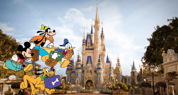 Mickey Mouse, Minnie Mouse, Goofy, Donald Duck, and Pluto pose with their suitcases in front of the iconic Disney castle at a theme park—imagine starting your own magical journey just like this when you enter the Disney sweepstakes!.