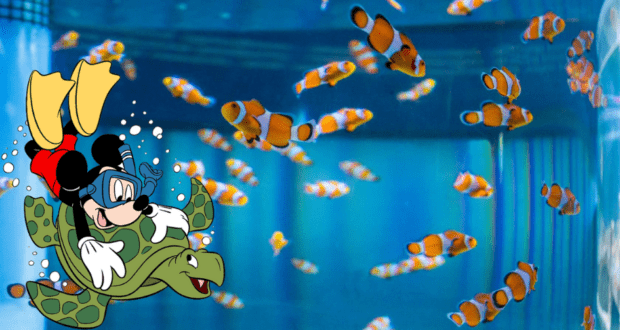 Goofy embarks on an underwater adventure at Epcot DiveQuest, riding a sea turtle alongside vibrant clownfish as they glide through the blue aquarium backdrop, capturing the magic and excitement of Disney’s aquatic experiences.