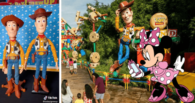 Woody dolls and a towering Woody statue welcome guests to Toy Story Land, where Minnie Mouse greets fans with her signature charm, notebook and pen in hand—a lively Disney scene sure to delight Toy Story enthusiasts.