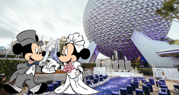 Mickey and Minnie Mouse, dressed in charming wedding outfits, pose together in front of Epcot’s iconic geodesic dome at a beautifully decorated Disney wedding venue.
