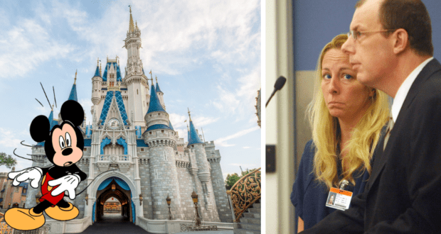 Mickey Mouse poses near Cinderella Castle at Disney World; at a nearby desk, two guests are seated, one sporting a visitor badge and smiling at the camera—the other shares a likeness with Bonnie Sweeten.