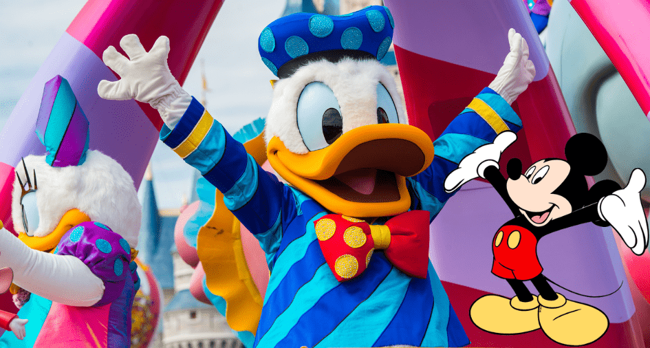 Donald Duck, dressed in his signature blue sailor outfit, waves enthusiastically to guests as he glides through the vibrant Festival of Fantasy parade at Disney World. Mickey Mouse and Daisy Duck join the fun nearby, surrounded by colorful floats and festive decorations.