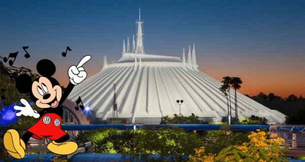 Mickey Mouse grooves to lively music in front of the iconic Space Mountain as evening falls over Tomorrowland at Disney World, surrounded by lush palm trees and vibrant flowers.