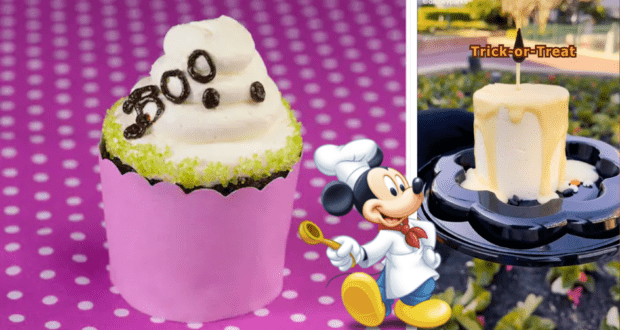 Festive Disney Halloween treats including a cupcake topped with "BOO" icing, a candle-inspired dessert, and Mickey Mouse dressed as a chef, all set against playful polka dots in the magical atmosphere of a Disney park.