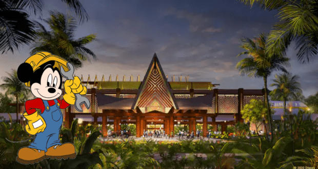 Mickey Mouse, dressed for construction fun, poses with a wrench in front of the Polynesian-inspired Kona Cafe at Walt Disney World as dusk falls.