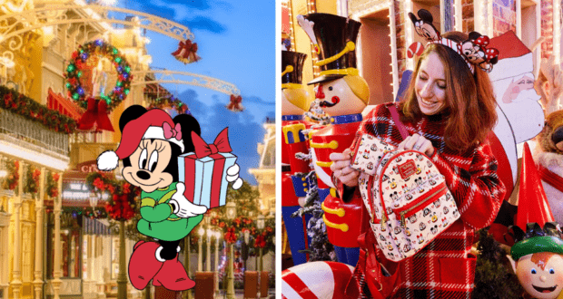 Minnie Mouse dressed in festive holiday attire holds a present, while a guest beams with a Loungefly Disney Cocoa Collection bag surrounded by sparkling Christmas decorations at a Disney park.