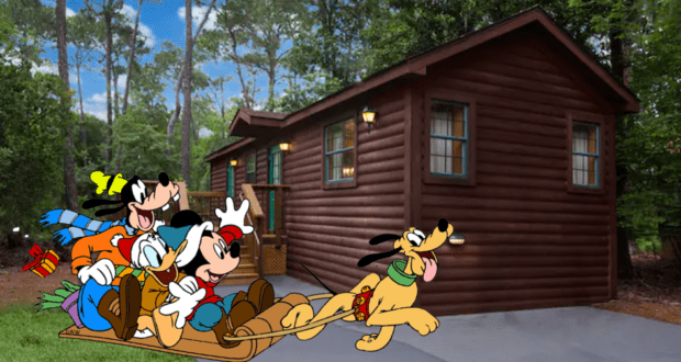 Mickey, Goofy, and Donald celebrate the holidays with a festive sleigh ride, gliding through a snowy woodland as Pluto enthusiastically pulls their sled past a charming log cabin—capturing the classic Disney magic perfect for fans at Disneyland or Magic Kingdom.