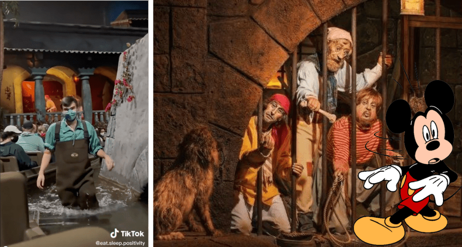 Floodwaters cover a Pirates of the Caribbean attraction, as a Disney cast member in waders navigates the scene; iconic animatronic pirates and Mickey Mouse are visible on the right.