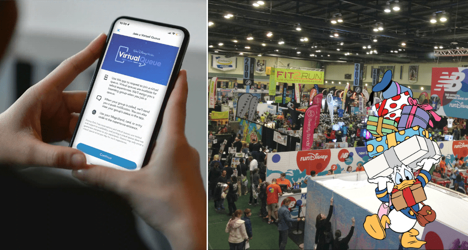 A guest checks their runDisney virtual queue on the app, while nearby at the bustling expo, Donald Duck juggles a stack of bags and boxes amidst the excitement.