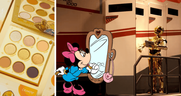A Disney parks-exclusive eyeshadow palette featuring Minnie Mouse at her vanity, paired with a collectible C-3PO palette inspired by the droid from Star Wars: Galaxy’s Edge.