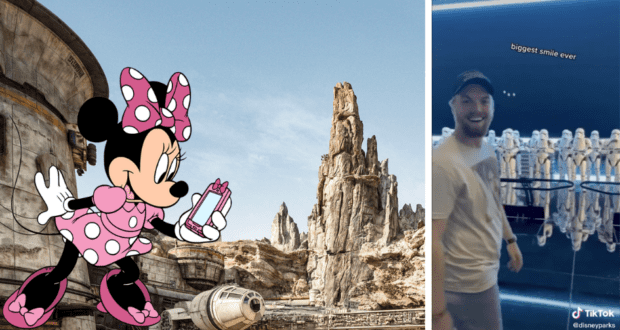 Minnie Mouse greets guests at Star Wars: Galaxy’s Edge, posing with a smiling visitor against an immersive sci-fi backdrop.
