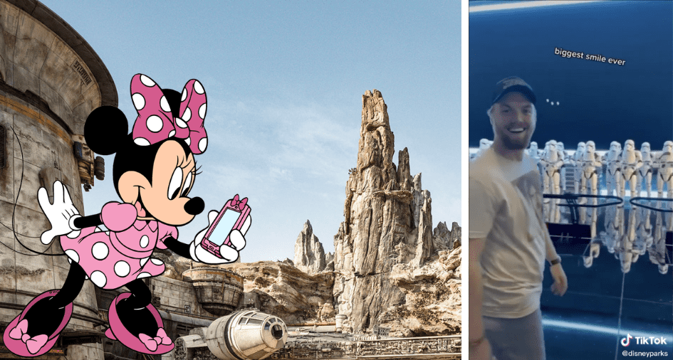Minnie Mouse greets guests at Star Wars: Galaxy’s Edge, posing with a smiling visitor against an immersive sci-fi backdrop.