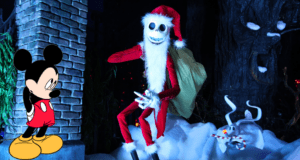 Mickey Mouse encounters Jack Skellington dressed as Santa with his ghost dog Zero in a snowy, whimsical setting, evoking the magical crossover moments fans love at Disney Parks and highlighting the imaginative holiday worlds inspired by Tim Burton’s creative legacy.