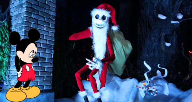 Mickey Mouse encounters Jack Skellington dressed as Santa with his ghost dog Zero in a snowy, whimsical setting, evoking the magical crossover moments fans love at Disney Parks and highlighting the imaginative holiday worlds inspired by Tim Burton’s creative legacy.