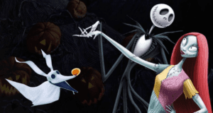 Jack Skellington, Sally, and Zero the ghost dog from The Nightmare Before Christmas pose together among glowing pumpkins in a dimly lit scene, capturing the playful spirit of a Halloween Popcorn Bucket collectible at Disney Parks.
