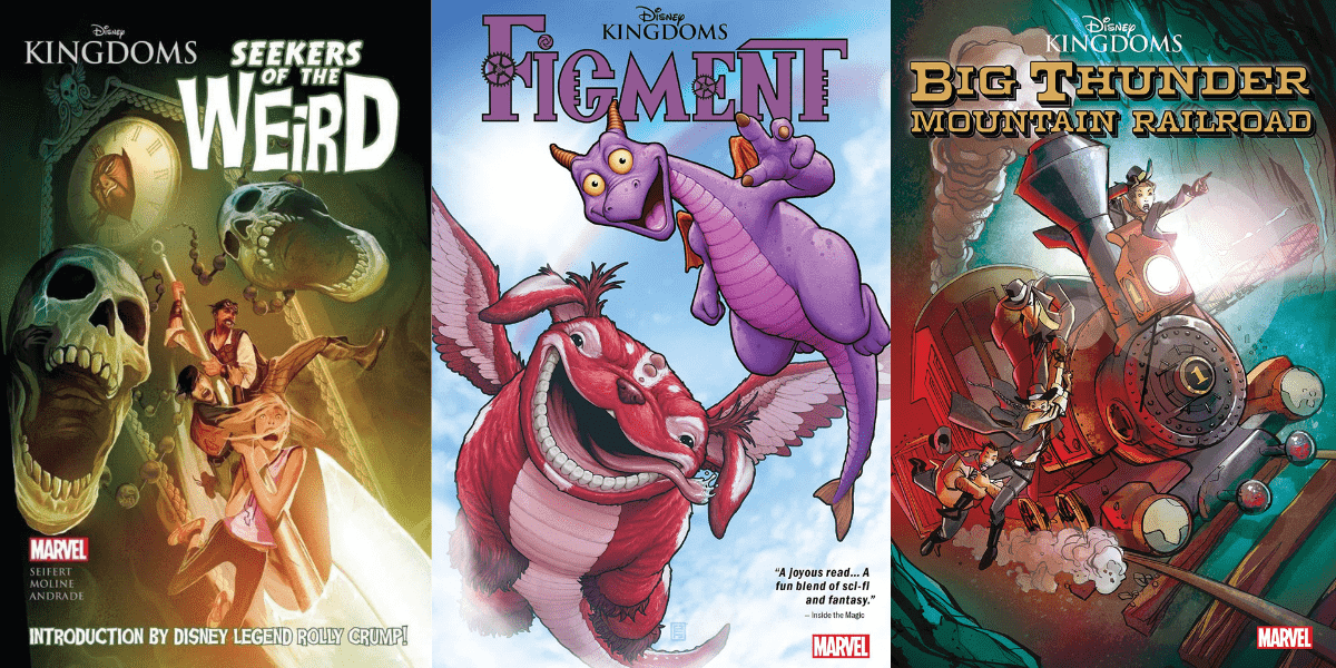 Covers of Disney Kingdoms comics—Seekers of the Weird, Figment, and Big Thunder Mountain Railroad—bring to life the thrills and creativity inspired by beloved Disney Parks attractions, offering fans a visual journey through park-inspired adventures.