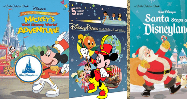 Covers of three Disney Parks Little Golden Books are showcased: “Mickey at Disney World” featuring Mickey Mouse amidst iconic attractions, “Disney Parks” celebrating park magic with vibrant Mickey art, and “Santa at Disneyland” where Mickey joins Santa for festive fun—all perfect for fans of Disney’s enchanting theme park adventures.