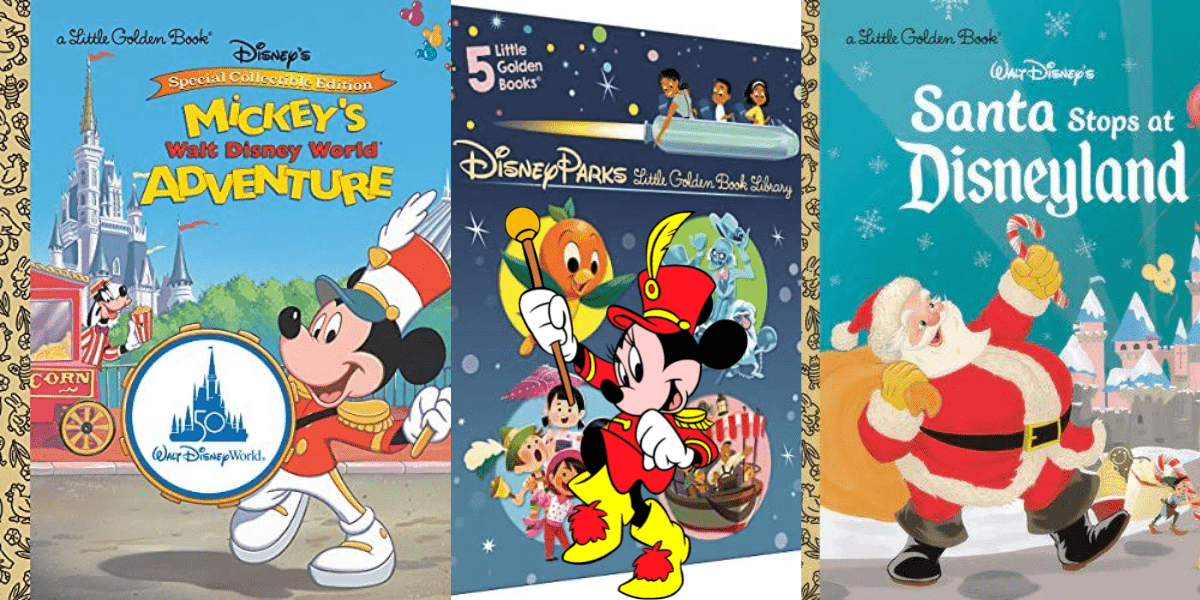 Covers of three Disney Parks Little Golden Books are showcased: “Mickey at Disney World” featuring Mickey Mouse amidst iconic attractions, “Disney Parks” celebrating park magic with vibrant Mickey art, and “Santa at Disneyland” where Mickey joins Santa for festive fun—all perfect for fans of Disney’s enchanting theme park adventures.