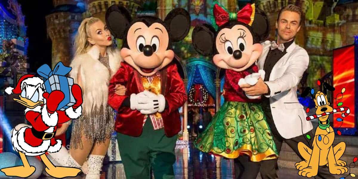 Mickey Mouse, Minnie Mouse, Donald Duck in a Santa outfit, and Pluto greet guests amid holiday decorations at a festive Disney Parks celebration featured in the ABC Disney Holiday Specials.