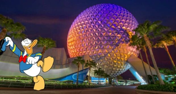 Donald Duck enthusiastically waves in front of the glowing Epcot sphere at night, palm trees swaying nearby, as fans gather to celebrate the highly anticipated reopening of The American Adventure.