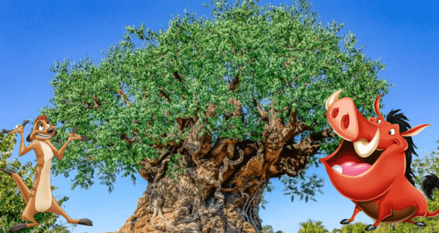 Timon and Pumbaa pose together in front of a majestic baobab tree beneath a bright blue sky, capturing the colorful spirit of Disney's Animal Kingdom at Walt Disney World.