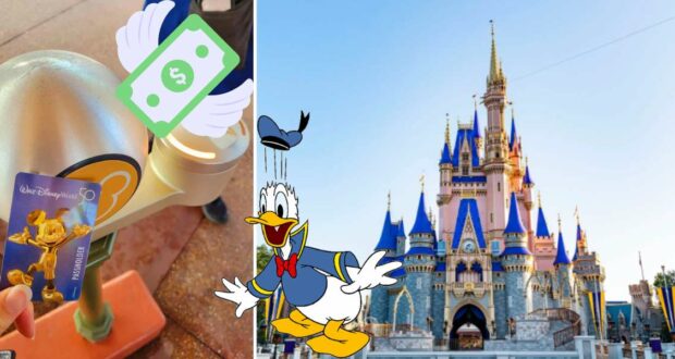 A Disney World Annual Pass being scanned at the entrance, with dollar bills fluttering away, Cinderella Castle rising in the background, and Donald Duck happily greeting guests beside the castle.