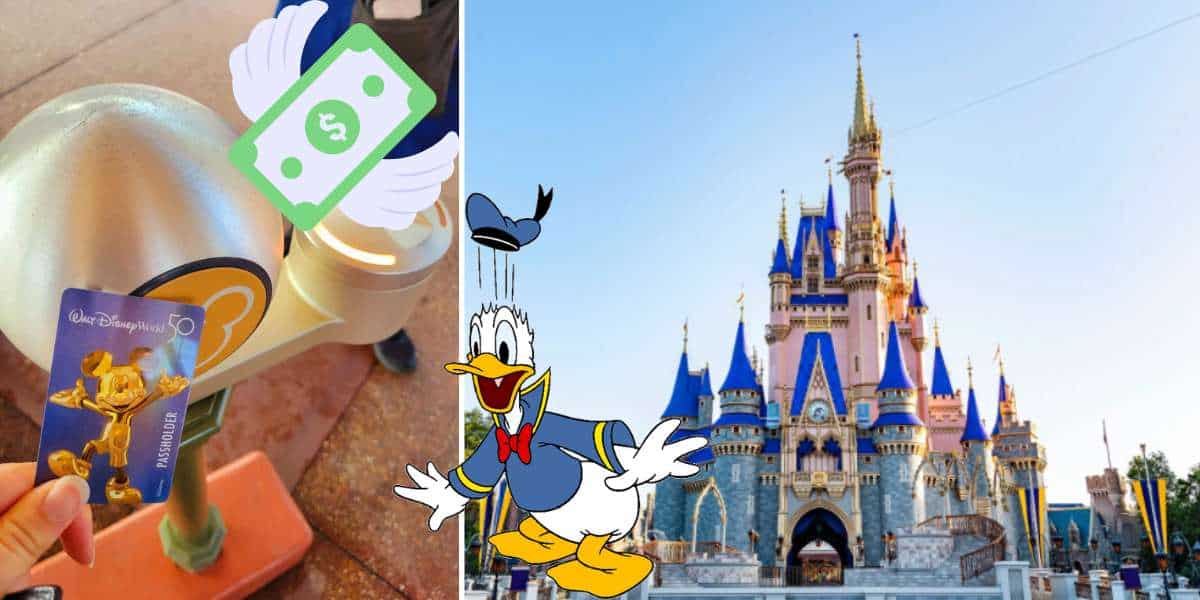 A Disney World Annual Pass being scanned at the entrance, with dollar bills fluttering away, Cinderella Castle rising in the background, and Donald Duck happily greeting guests beside the castle.