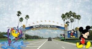 The iconic entrance to Walt Disney World features Genie catching a wave on the left and Mickey Mouse strolling on the right, with prominent signs announcing that Blizzard Beach is currently closed.