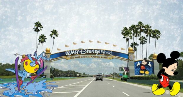 The iconic entrance to Walt Disney World features Genie catching a wave on the left and Mickey Mouse strolling on the right, with prominent signs announcing that Blizzard Beach is currently closed.