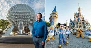A Disney fan takes in the sight of Epcot’s iconic Spaceship Earth, contemplating Bob Iger’s latest updates, while Mickey Mouse and friends greet guests for photos in front of Cinderella Castle at Magic Kingdom.