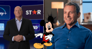 Bob Iger, Disney’s CEO, stands with another executive in business attire as a classic Mickey Mouse graphic takes center stage. Behind them, vibrant Disney+ and Star logos reinforce the brand’s entertainment legacy, spotlighting Iger as a driving force behind Disney’s future visions for fans of the parks and streaming platforms alike.