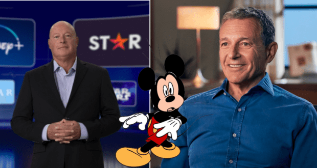 Bob Iger, Disney’s CEO, stands with another executive in business attire as a classic Mickey Mouse graphic takes center stage. Behind them, vibrant Disney+ and Star logos reinforce the brand’s entertainment legacy, spotlighting Iger as a driving force behind Disney’s future visions for fans of the parks and streaming platforms alike.