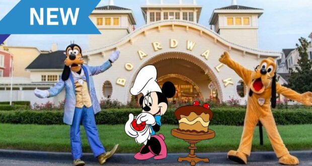 Goofy, Minnie Mouse, and Pluto celebrate in front of Disney’s Boardwalk Resort, holding a Cake Bake Shop cake beneath a festive "NEW" banner.
