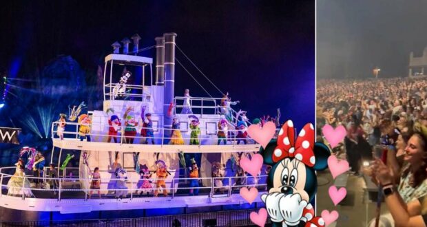 Beloved Disney characters light up the night aboard a glowing riverboat as cheers erupt from the crowd, with Cast Members sharing in the excitement of Fantasmic’s spellbinding moments; a whimsical overlay of Minnie Mouse surrounded by hearts captures extra pixie dust.