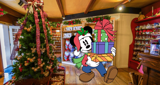 Minnie Mouse, festive in her Santa hat, delights guests as she carries presents through a beautifully decorated Christmas shop filled with twinkling ornaments and a sparkling tree, surrounded by exclusive Disney holiday merchandise and whimsical Disney souvenirs in the heart of the park.