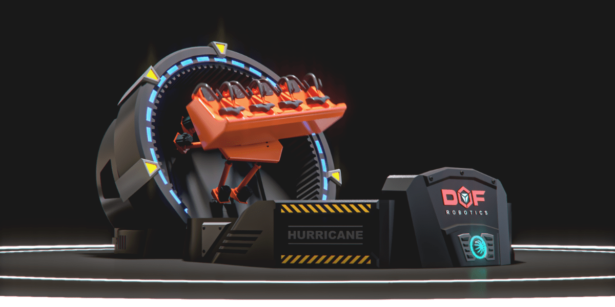 The HURRICANE ride, featuring bold orange seats and futuristic design by DOF ROBOTICS, on display at IAAPA Expo 2022.