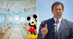 Mickey Mouse facepalms next to a sharply dressed man giving a speech at what looks like a DeSantis-themed Disney wedding, inside an elegant but empty wedding chapel reminiscent of those found in the Magic Kingdom.