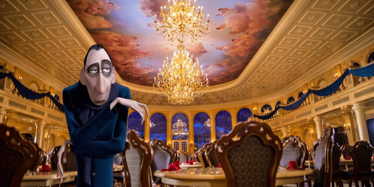 A beloved animated food critic surveys a lavish, empty dining hall adorned with sparkling chandeliers and a beautifully painted ceiling, capturing the magic and grandeur of Disney World’s signature restaurants.