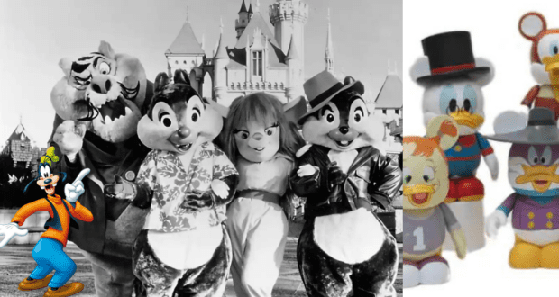 Beloved Disney characters like Mickey, Minnie, and Goofy greet guests in a vibrant park setting, while plush toys and a playful Goofy illustration line the scene—bringing the excitement of Disney Afternoon Live to life for fans.