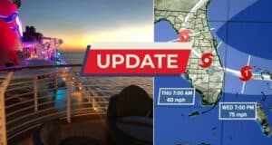 Disney Cruise Line ship deck glowing at sunset, with an updated hurricane forecast map highlighting the projected path and wind speeds of storm Nicole, keeping Disney fans informed about upcoming cruise impacts and itinerary changes.