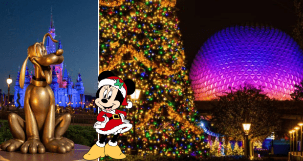 Pluto’s gold Fab 50 statue gleams beside Minnie Mouse in her festive holiday attire, with a sparkling Christmas tree, Cinderella Castle illuminated for the season, and the Epcot dome glowing at night—all showcasing the magical holiday atmosphere at Walt Disney World.