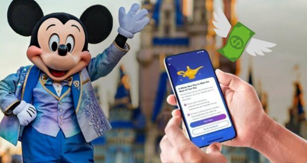 Mickey Mouse greets guests next to a smartphone displaying the Disney Genie+ app, where a floating dollar sign spotlights the service's price inside a lively Disney park.