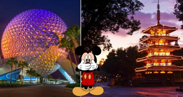 Mickey Mouse stands front and center at Epcot’s World Showcase, framed by the iconic Spaceship Earth and a glowing Japanese pagoda at sunset, setting the stage for an enchanting evening inspired by the Takumi-Tei menu in the Japan Pavilion.
